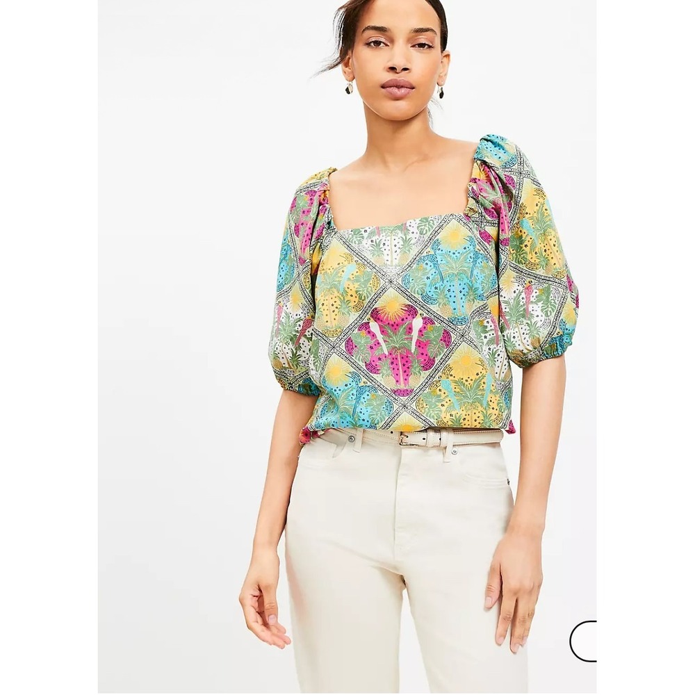 LOFT Womens Size-M Palm Bubble Sleeve‎ Square Neck Blouse